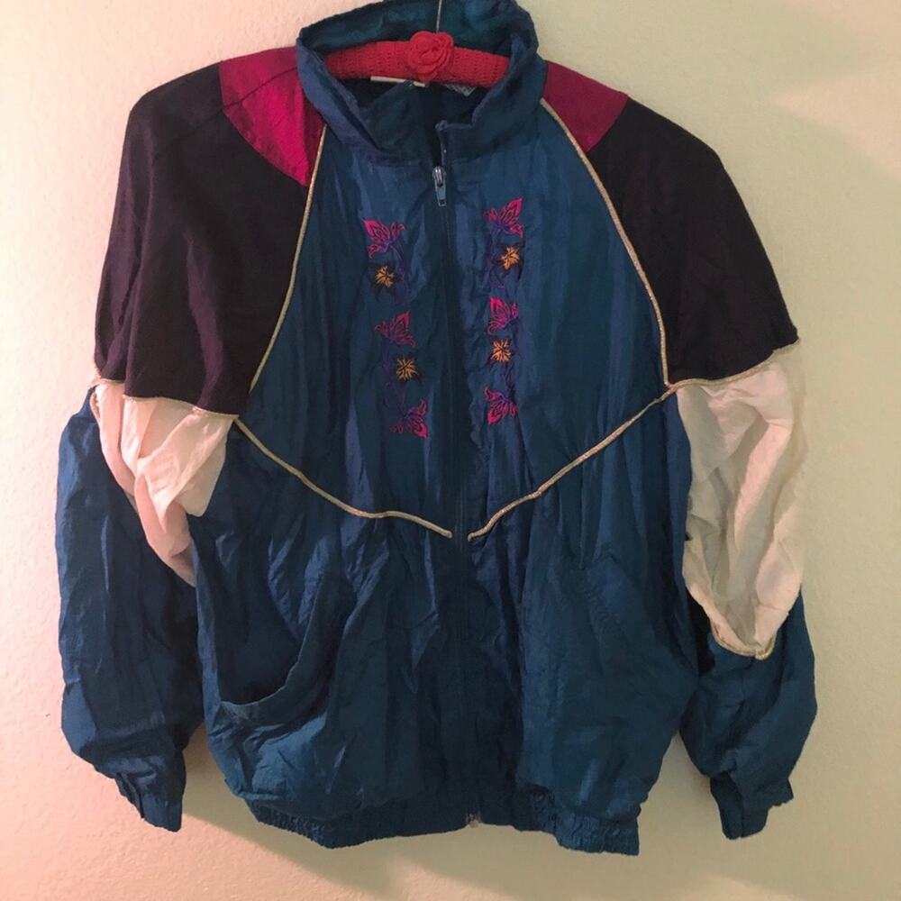 Vintage Windbreaker Jacket Teal/Pink Floral Embroidered S